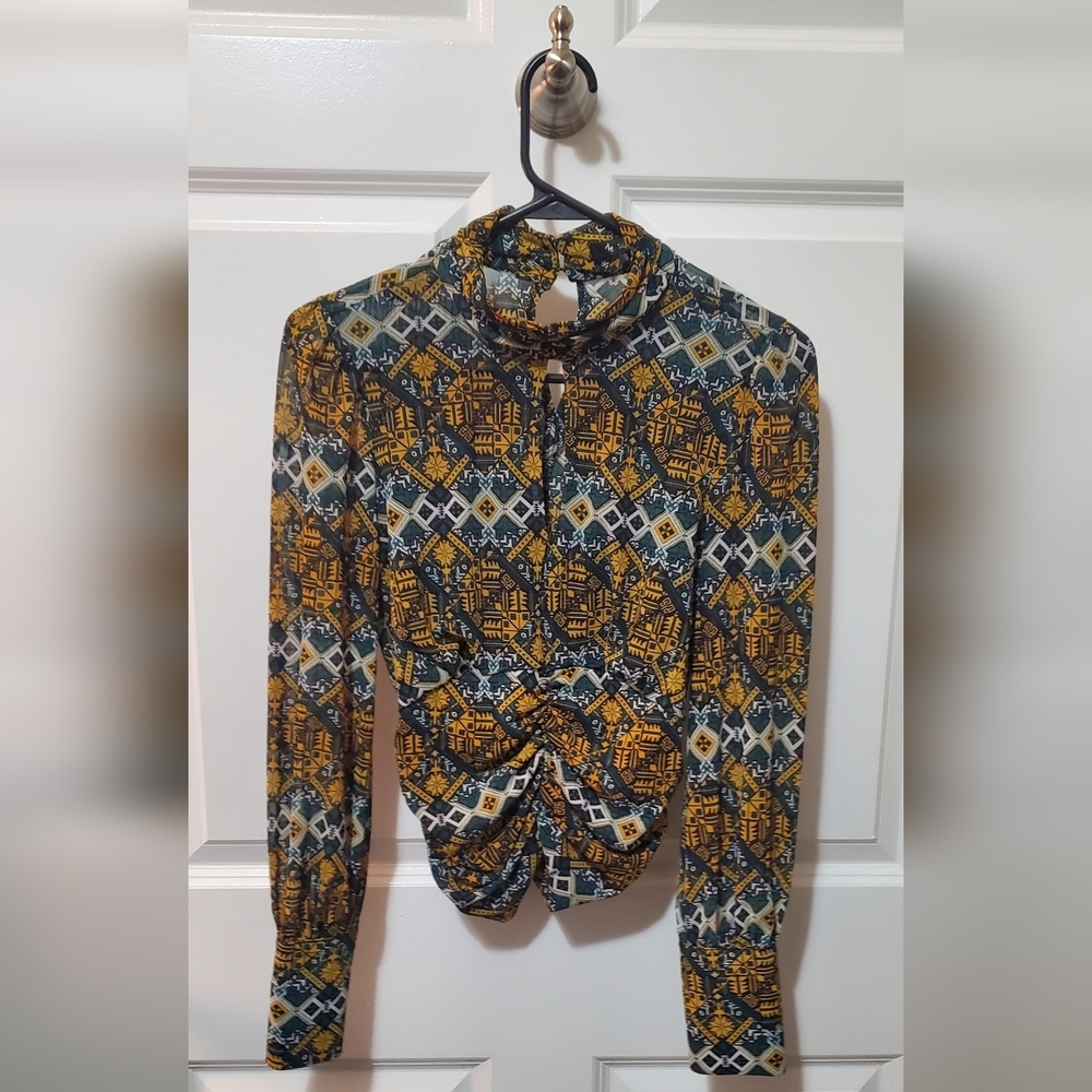 My Michelle Geometric Print Blouse - Yellow and Blue